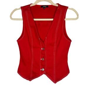 BY.DYLN Tyler Vest Red White Contrast Stitching Button Up Twill Crop Top Small